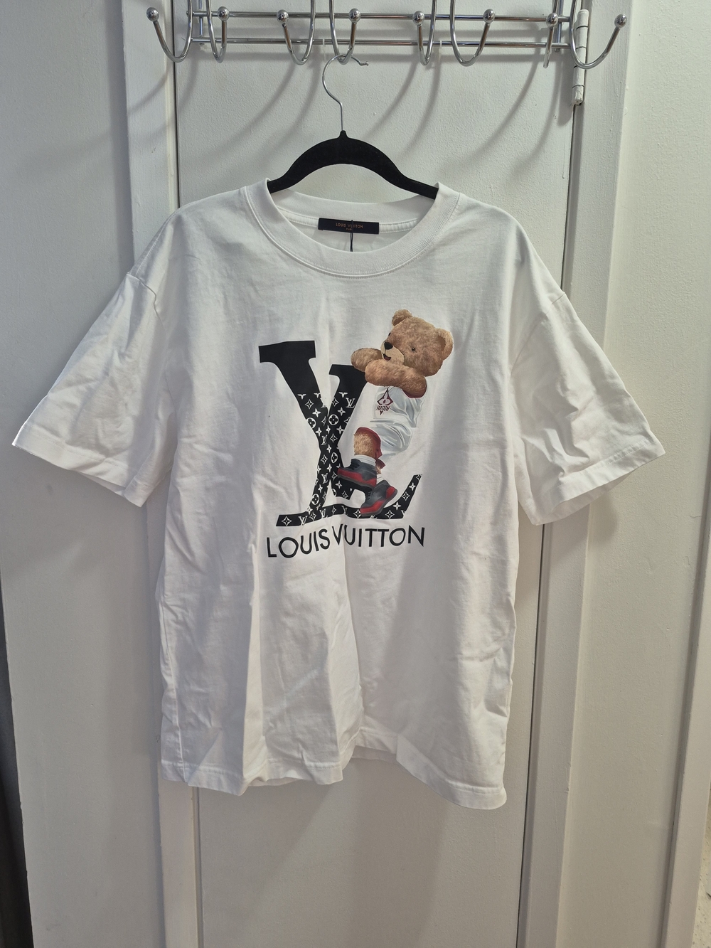 Louis Vuitton White Tee with Teddy and Black LV Logo
